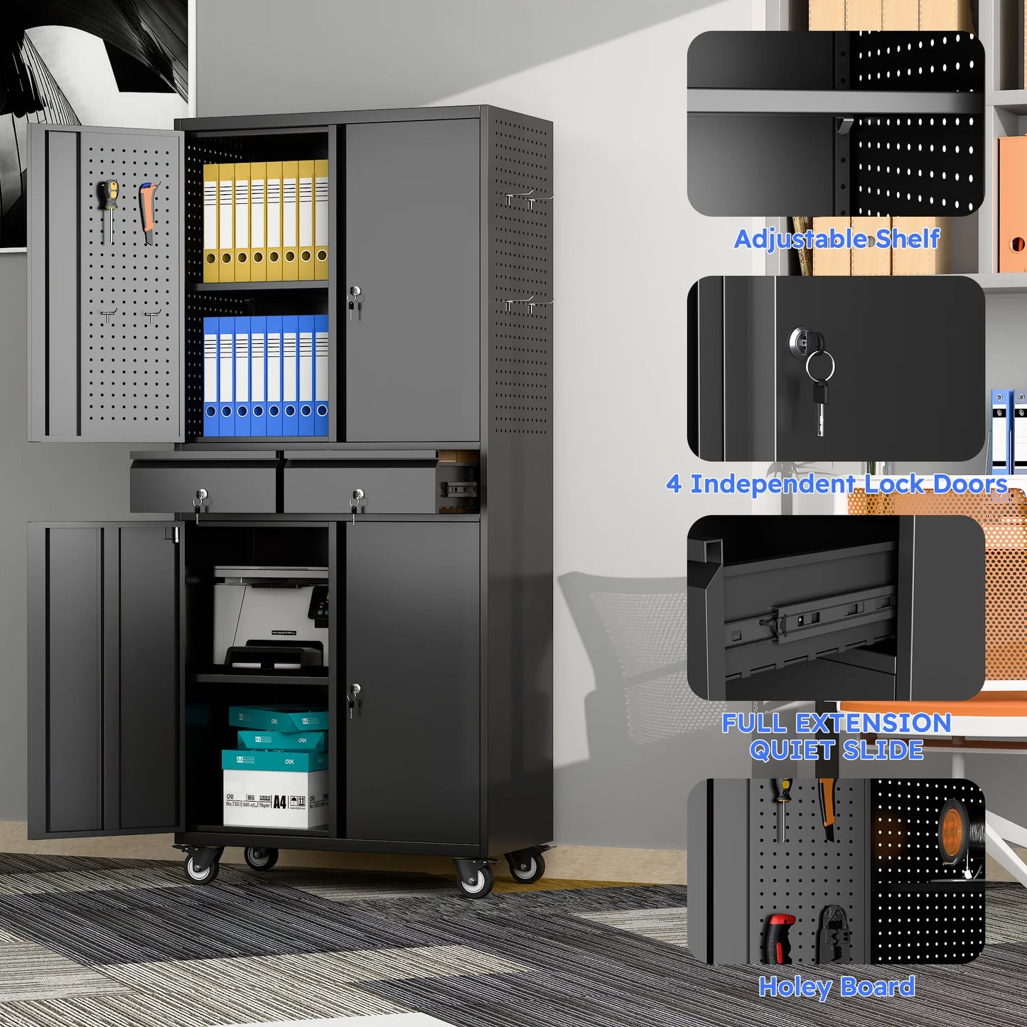 71" Metal Storage Cabinets with Wheels and Pegboards, Industrial Cabinet with 2 Drawers and 2 Adjustable Shelves,, Assembly Required