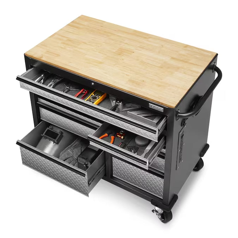 41-In L X 24.5-In H 9 -Drawers Rolling Hammered Granite Wood Portable Work Bench