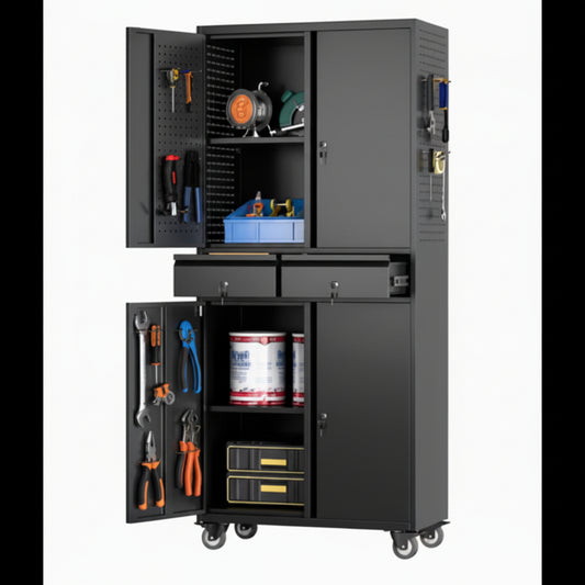 71" Metal Storage Cabinets with Wheels and Pegboards, Industrial Cabinet with 2 Drawers and 2 Adjustable Shelves,, Assembly Required