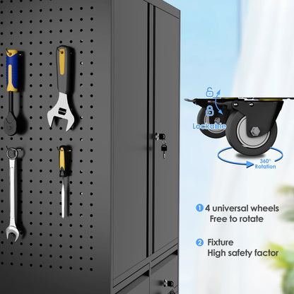 71" Metal Storage Cabinets with Wheels and Pegboards, Industrial Cabinet with 2 Drawers and 2 Adjustable Shelves,, Assembly Required