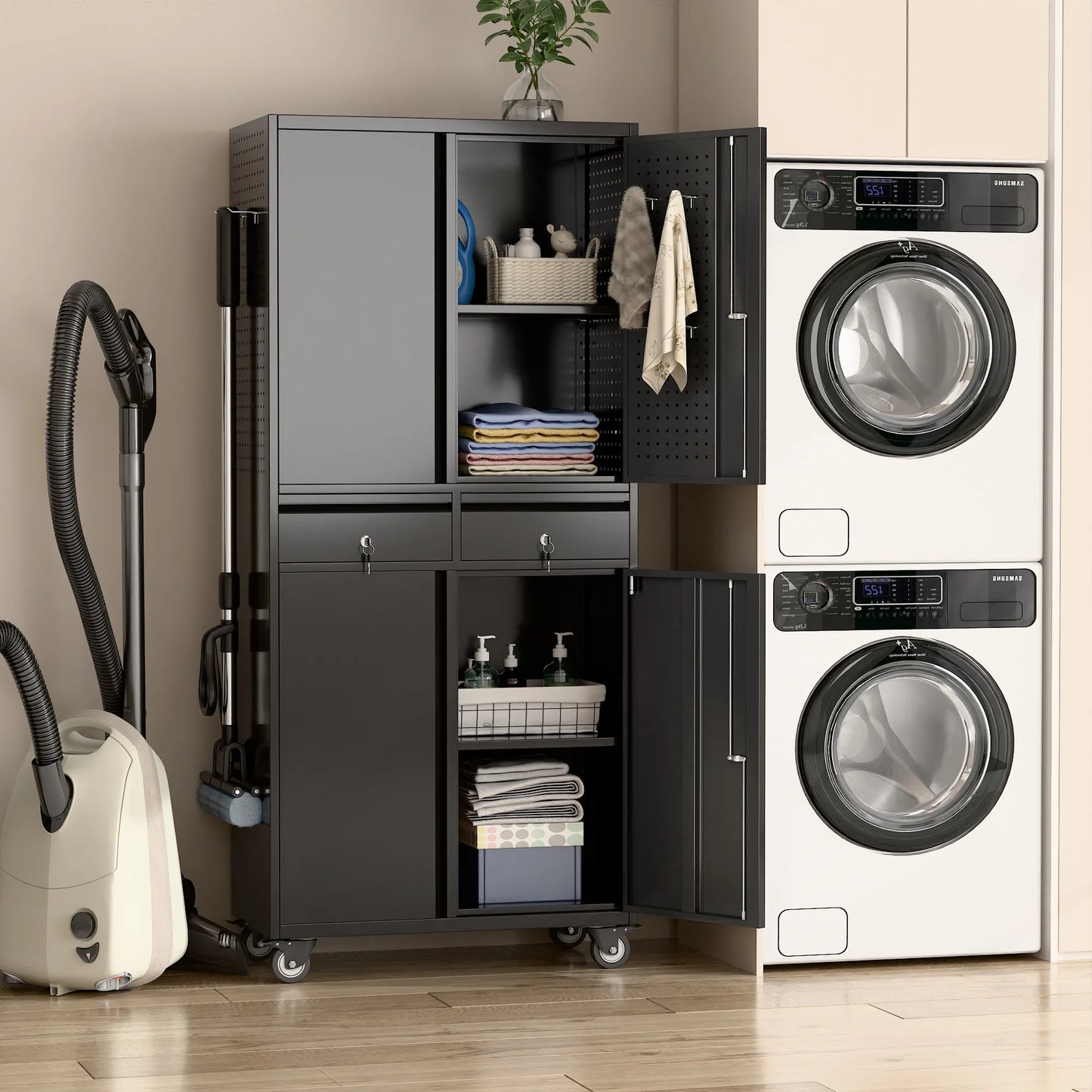 71" Metal Storage Cabinets with Wheels and Pegboards, Industrial Cabinet with 2 Drawers and 2 Adjustable Shelves,, Assembly Required