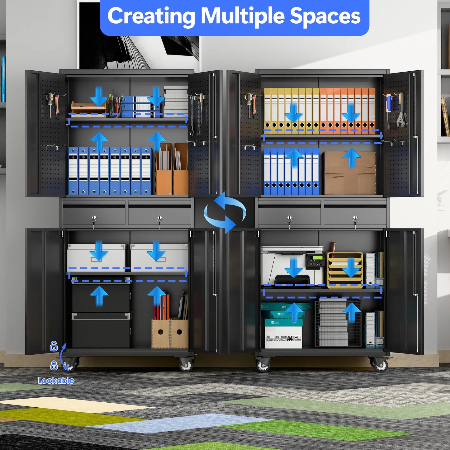 71" Metal Storage Cabinets with Wheels and Pegboards, Industrial Cabinet with 2 Drawers and 2 Adjustable Shelves,, Assembly Required