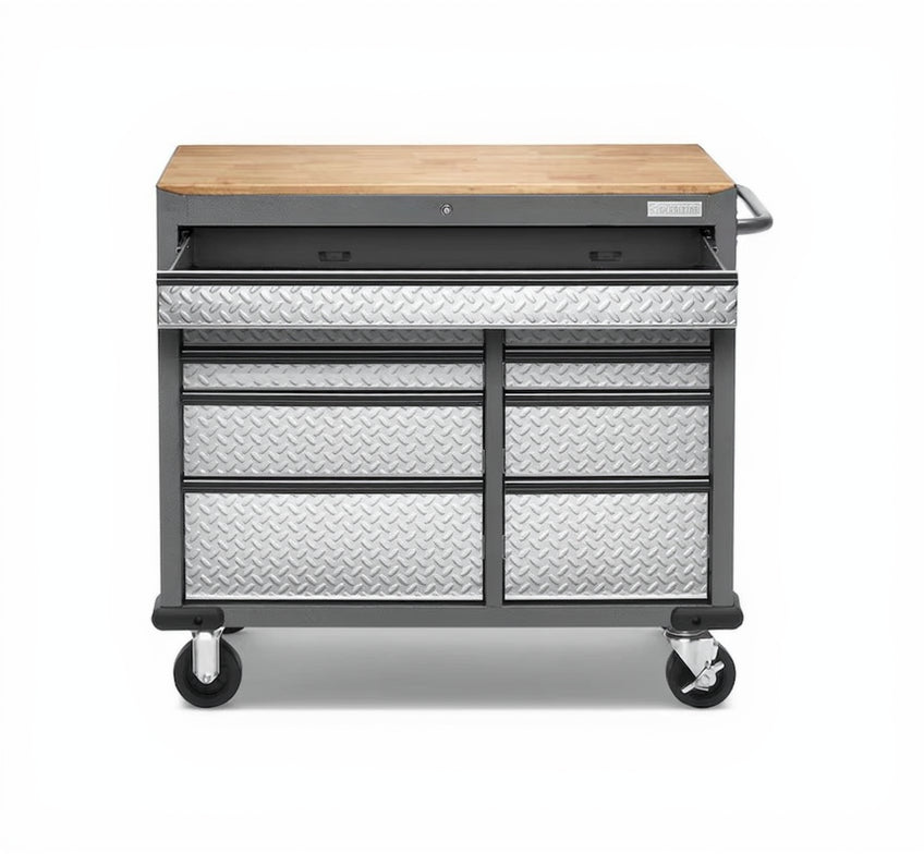 41-In L X 24.5-In H 9 -Drawers Rolling Hammered Granite Wood Portable Work Bench