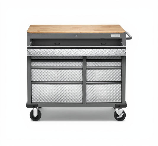 41-In L X 24.5-In H 9 -Drawers Rolling Hammered Granite Wood Portable Work Bench