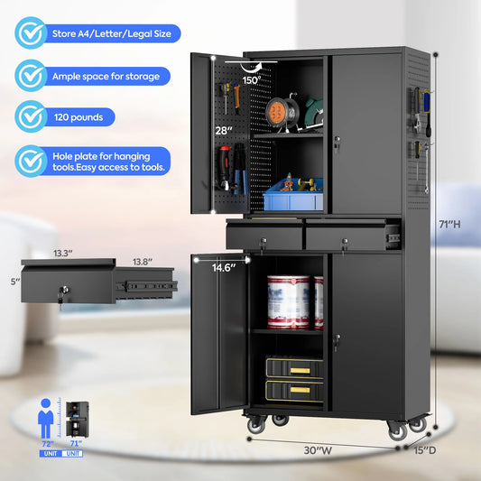 71" Metal Storage Cabinets with Wheels and Pegboards, Industrial Cabinet with 2 Drawers and 2 Adjustable Shelves,, Assembly Required