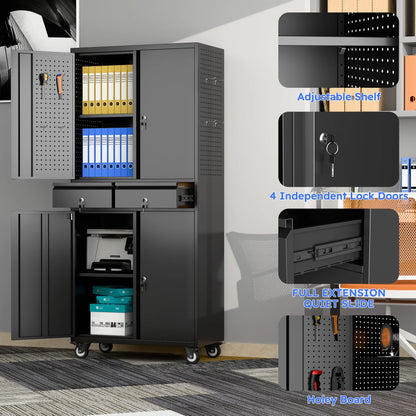 71" Metal Storage Cabinets with Wheels and Pegboards, Industrial Cabinet with 2 Drawers and 2 Adjustable Shelves,, Assembly Required